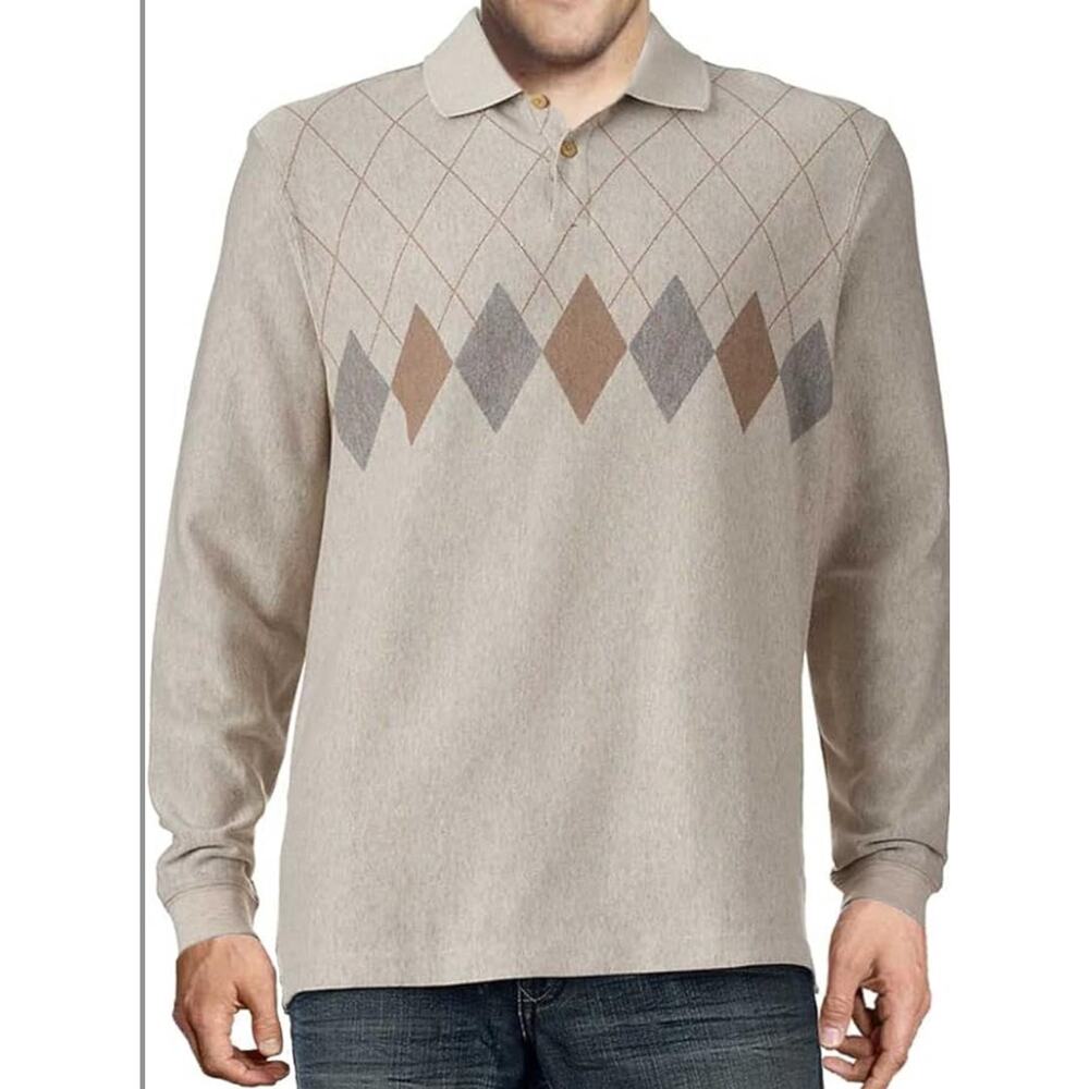 Haggar Premium Polo Ultra Soft Long Sleeves Shirt Oatmeal Heather Mens Size XXL